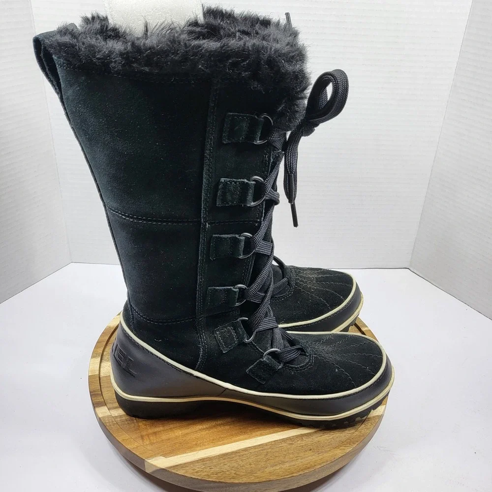 Sorel Tofino Women Waterproof Winter Snow Boots Black Suede Faux Fur NL2093 Sz 6